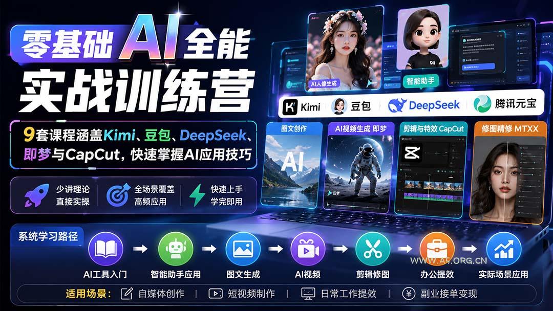 零基础AI全能实战训练营:9套课程涵盖Kimi、豆包、DeepSeek、即梦与CapCut,快速掌握AI应用技巧-小红泡