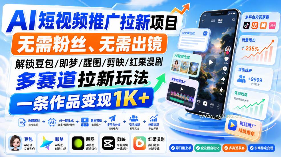 AI短视频推广拉新项目，无需粉丝、无需出镜，解锁豆包/即梦/醒图/剪映/红果漫剧多赛道拉新玩法，一条作品变现1K+-小红泡