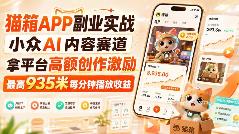 猫箱APP副业实战,小众AI内容赛道,拿平台高额创作激励,最高935米每分钟播放收益-小红泡