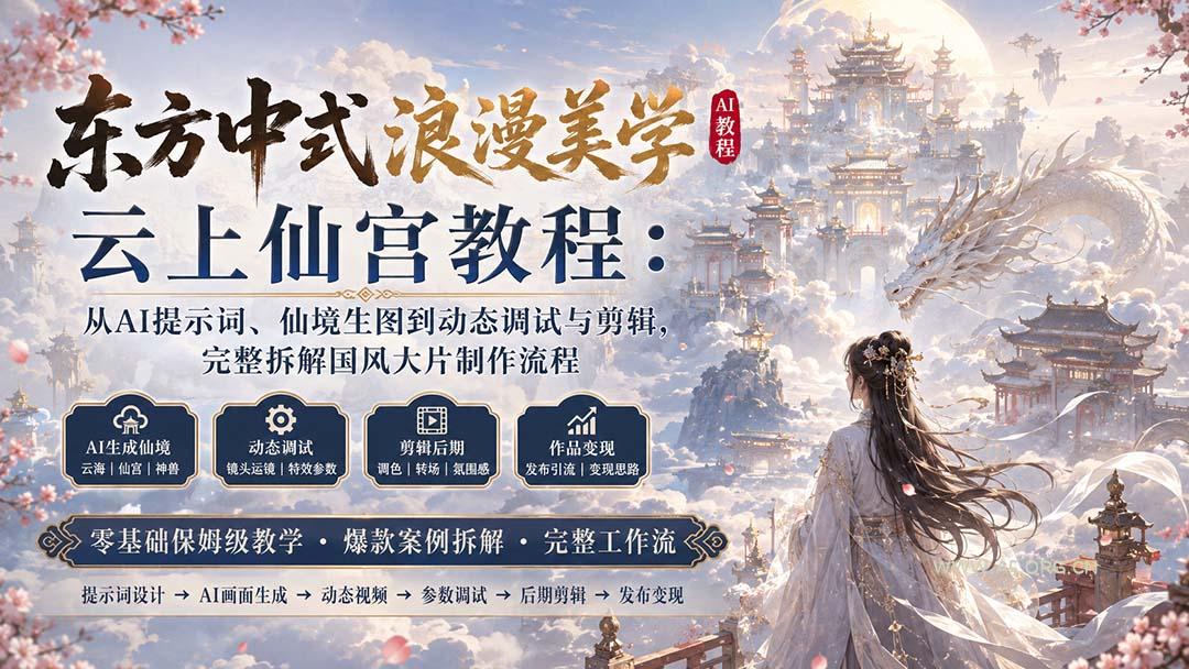 东方中式浪漫美学云上仙宫教程:从AI提示词、仙境生图到动态调试与剪辑,完整拆解国风大片制作流程-小红泡