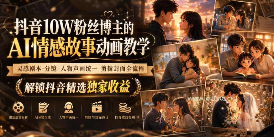 抖音10W粉丝博主的AI情感故事动画教学,灵感剧本‑分镜‑人物声画统一‑剪辑封面全流程,解锁抖音精选独家收益-小红泡