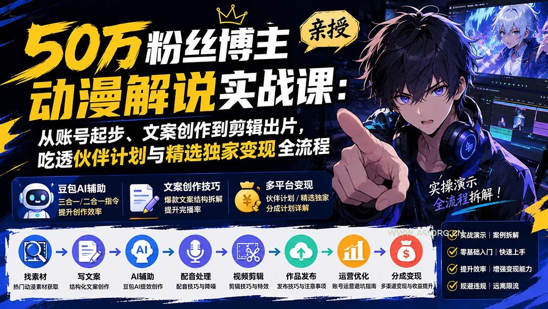 50万粉丝博主亲授动漫解说实战课:从账号起步、文案创作到剪辑出片,吃透伙伴计划与精选独家变现全流程-小红泡