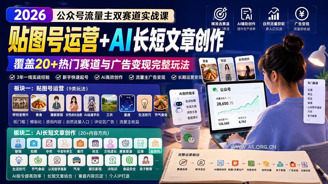 公众号流量主双赛道实战课:贴图号运营+AI长短文章创作,覆盖20+热门赛道与广告变现完整玩法-小红泡