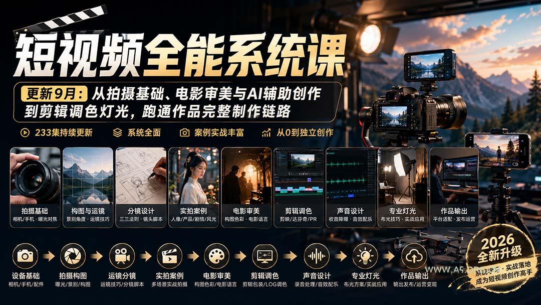 短视频全能系统课-更新8月233集：从拍摄基础、电影审美与AI辅助创作到剪辑调色灯光，跑通作品完整制作链路-小红泡