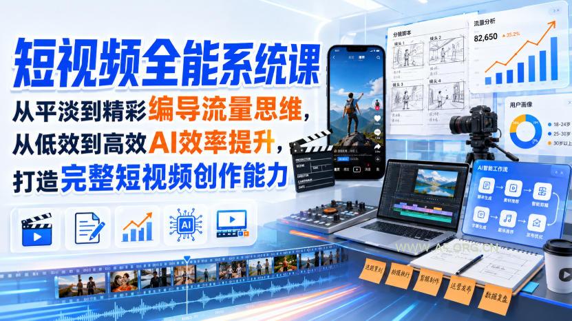 短视频全能系统课,从平淡到精彩编导流量思维,从低效到高效AI效率提升,打造完整短视频创作能力(2026年8月30更新233集)-小红泡