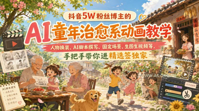 抖音5W粉丝博主的AI童年治愈系动画教学,人物换装、AI脚本撰写、固定场景、生图生视频等,手把手带你进精选签独家-小红泡