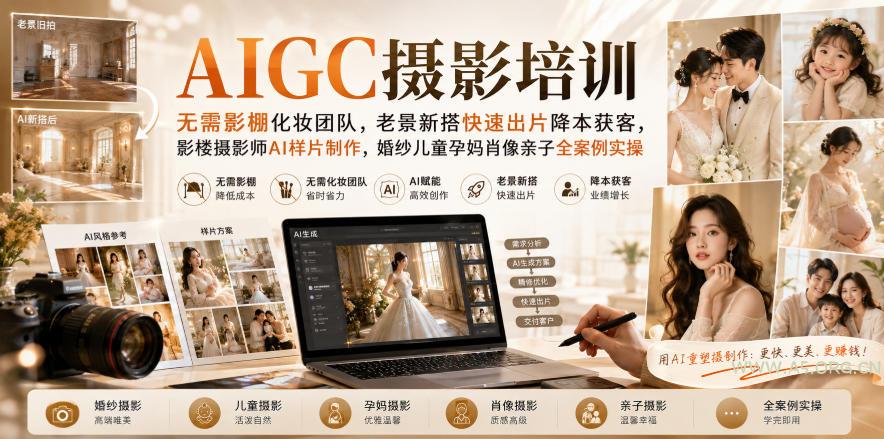 AIGC摄影培训|无需影棚化妆团队,老景新搭快速出片降本获客,影楼摄影师AI样片制作,婚纱儿童孕妈肖像亲子全案例实操-小红泡