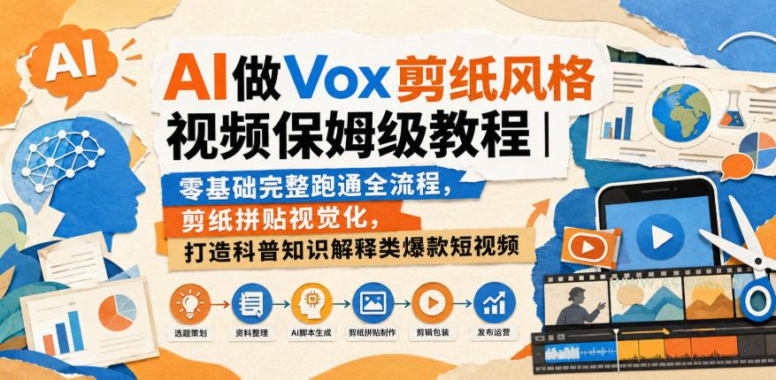 AI做Vox剪纸风格视频保姆级教程|零基础完整跑通全流程,剪纸拼贴视觉化,打造科普知识解释类爆款短视频-小红泡