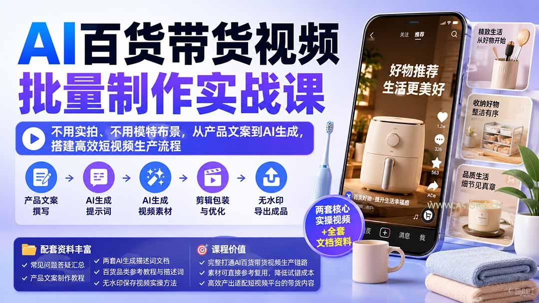 AI百货带货视频批量制作实战课:不用实拍、不用模特布景,从产品文案到AI生成,搭建高效短视频生产流程-小红泡