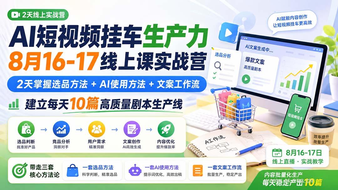 AI短视频挂车生产力8月16-17线上课实战营：2天掌握选品方法+AI使用方法+文案工作流，建立每天10篇高质量剧本生产线-小红泡