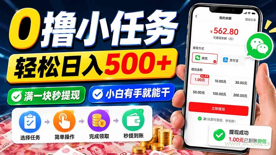 0撸小任务，轻松日入500+，满一块秒提现，小白有手就能干-小红泡