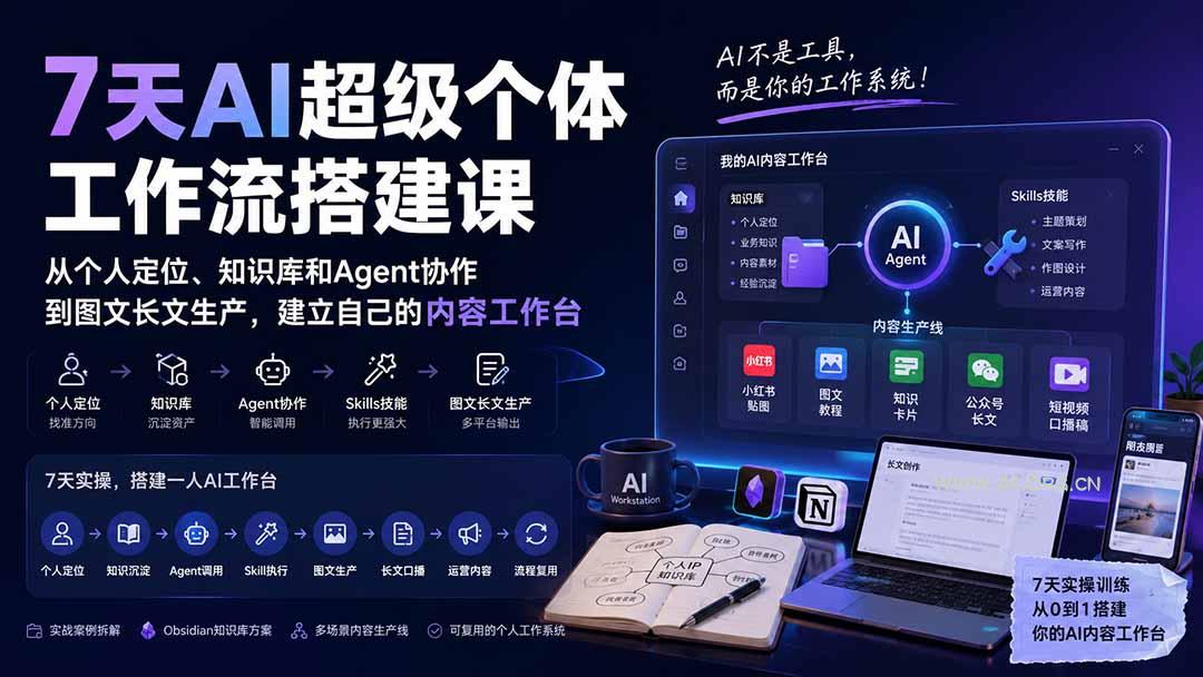 7天AI超级个体工作流搭建课:从个人定位、知识库和Agent协作到图文长文生产,建立自己的内容工作台-小红泡