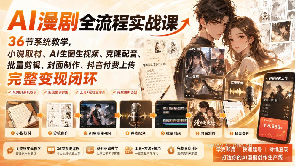 AI漫剧全流程实战课｜36节系统教学，小说取材、AI生图生视频、克隆配音、批量剪辑、封面制作、抖音付费上传完整变现闭环-小红泡