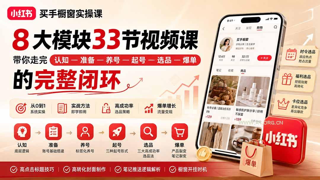 小红书买手橱窗实操课：8大模块33节视频课，带你走完”认知—准备—养号—起号—选品—爆单”的完整闭环-小红泡