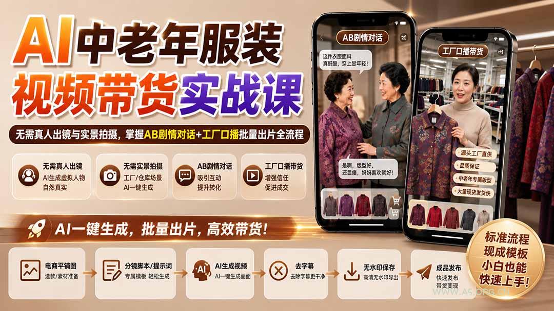 AI中老年服装视频带货实战课:无需真人出镜与实景拍摄,掌握AB剧情对话+工厂口播批量出片全流程-小红泡