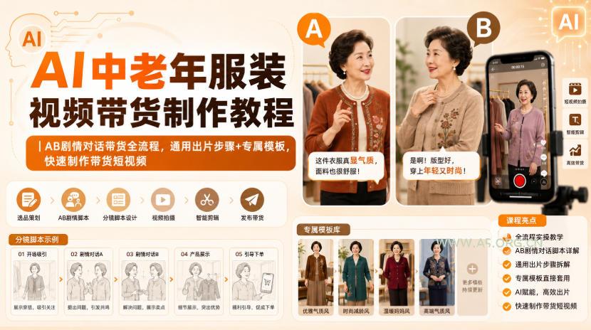 AI中老年服装视频带货制作教程｜AB剧情对话带货全流程，通用出片步骤+专属模板，快速制作带货短视频-小红泡