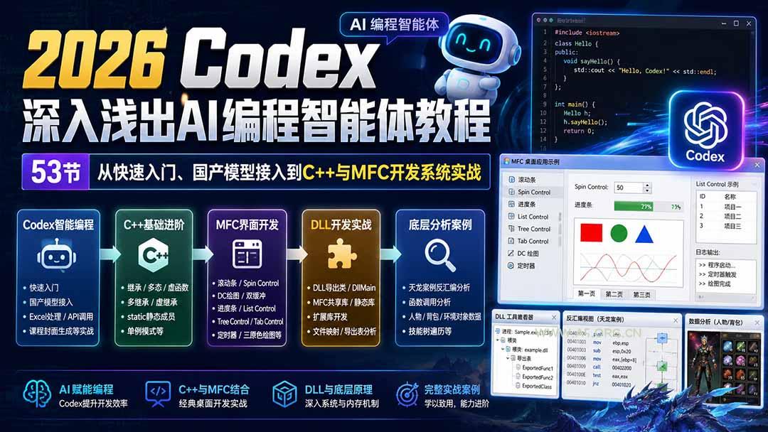 2026 Codex深入浅出AI编程智能体教程:53节从快速入门、国产模型接入到C++与MFC开发系统实战-小红泡