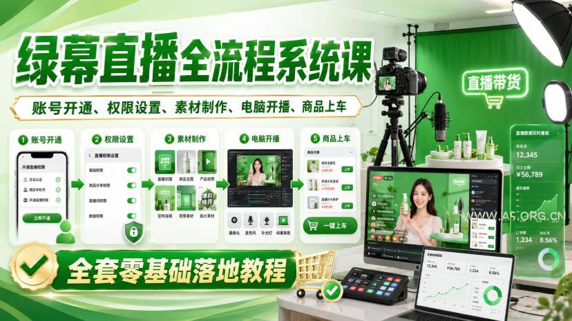 绿幕直播全流程系统课,账号开通、权限设置、素材制作、电脑开播、商品上车全套零基础落地教程-小红泡