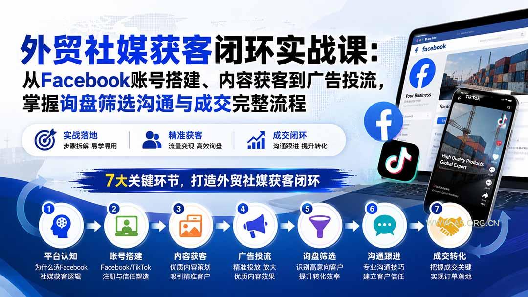 外贸社媒获客闭环实战课:从Facebook账号搭建、内容获客到广告投流,掌握询盘筛选沟通与成交完整流程-小红泡