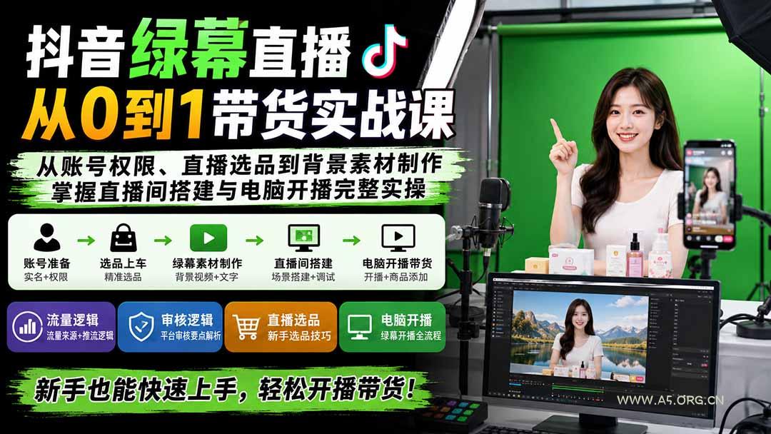 抖音绿幕直播从0到1带货实战课：从账号权限、直播选品到背景素材制作，掌握直播间搭建与电脑开播完整实操-小红泡