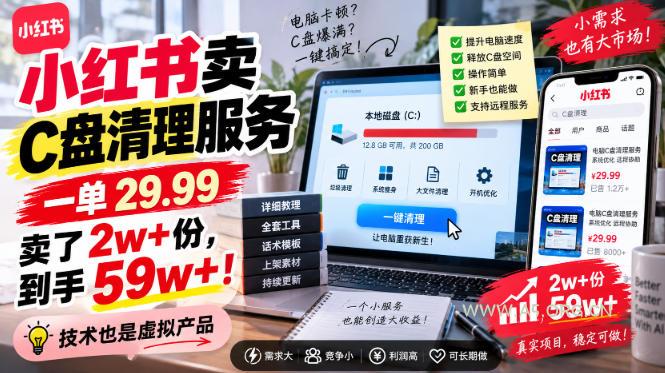 小红书卖C盘清理服务,一单29.99,卖了2w+份,技术也是虚拟产品-小红泡