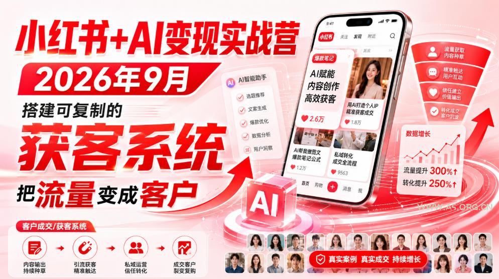 小红书+AI变现实战营2026年9月,搭建可复制的获客系统,把流量变成客户!-小红泡