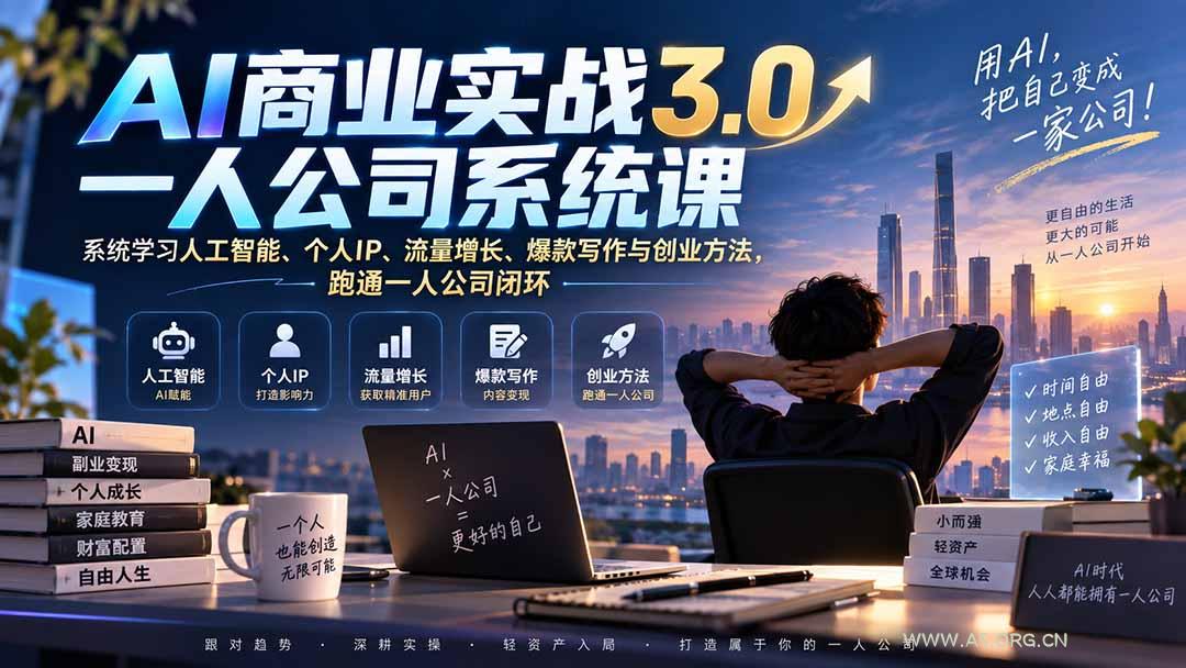 AI商业实战3.0一人公司系统课:系统学习人工智能、个人IP、流量增长、爆款写作与创业方法,跑通一人公司闭环-小红泡