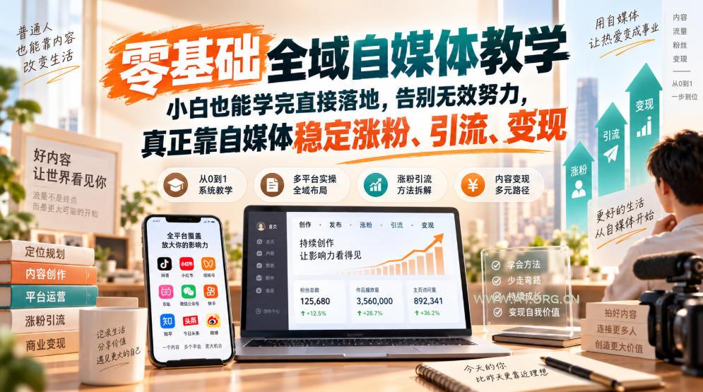 零基础全域自媒体教学,小白也能学完直接落地,告别无效努力,真正靠自媒体稳定涨粉、引流、变现-小红泡