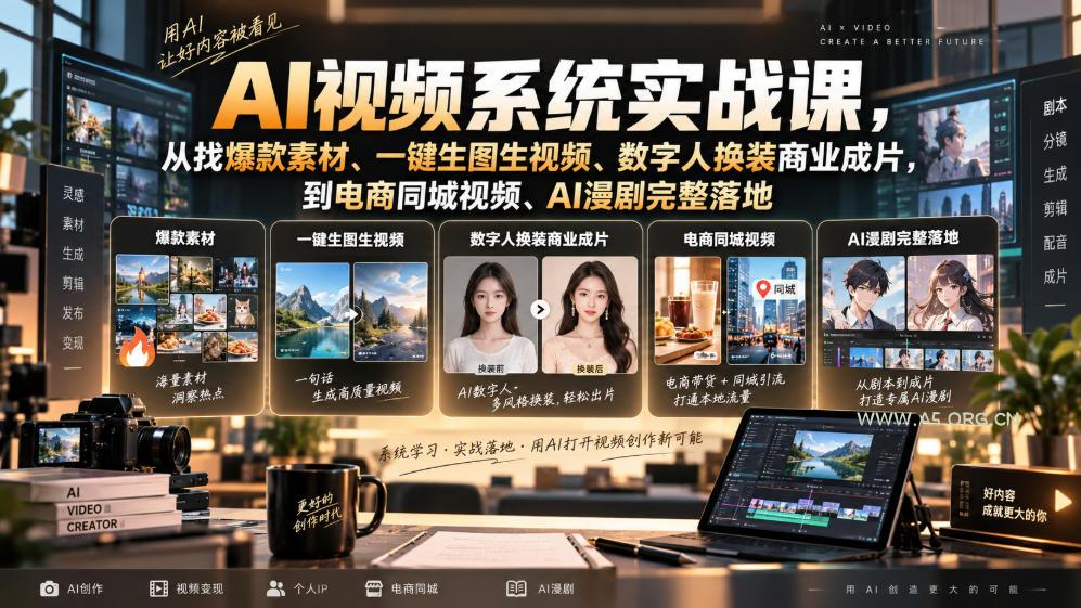 AI视频系统实战课,从找爆款素材、一键生图生视频、数字人换装商业成片,到电商同城视频、AI漫剧完整落地-小红泡