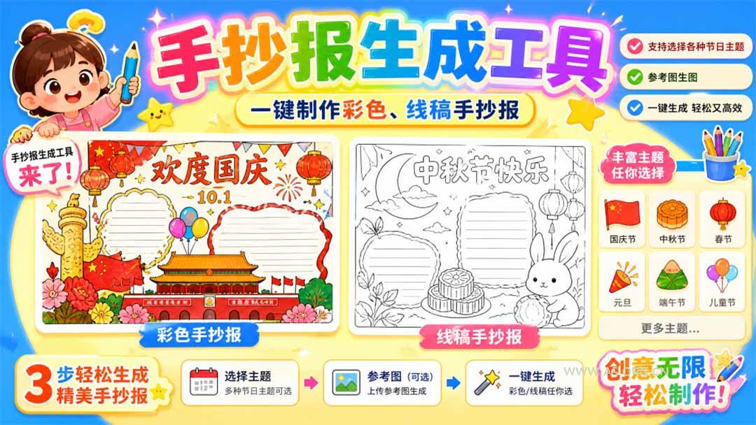手抄报批量生成工具来了,完全免费,告别豆包生图,这个高清无水印-小红泡