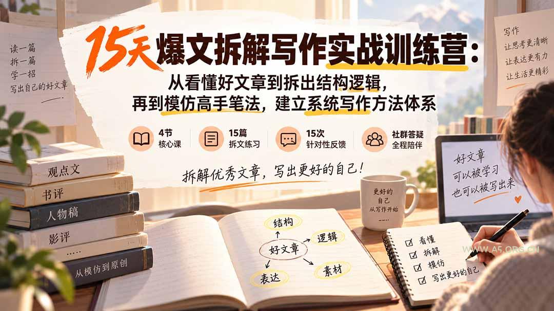 15天爆文拆解写作实战训练营:从看懂好文章到拆出结构逻辑,再到模仿高手笔法,建立系统写作方法体系-小红泡