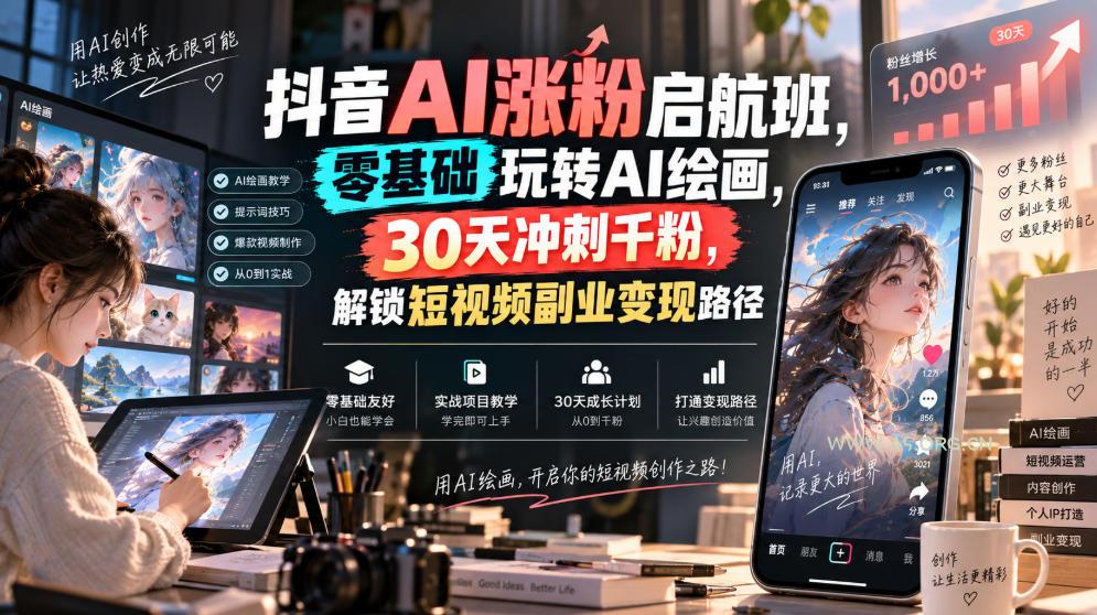 抖音AI涨粉启航班,零基础玩转AI绘画,30天冲刺千粉,解锁短视频副业变现路径-小红泡