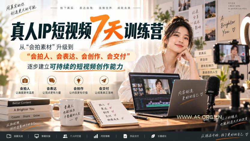 真人IP短视频7天训练营,从“会拍素材”升级到“会拍人、会表达、会创作、会交付”,逐步建立可持续的短视频创作能力-小红泡