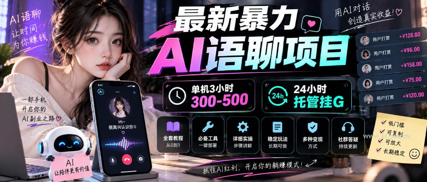 最新暴力AI语聊项目，单机3小时300-500，24小时托管挂G，附全套教程及工具【揭秘】-小红泡