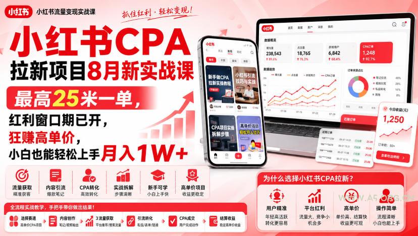 小红书CPA拉新项目8月新实战课,最高25米一单,红利窗口期已开,狂賺高单价,小白也能轻松上手月入1W+(更新0907)-小红泡