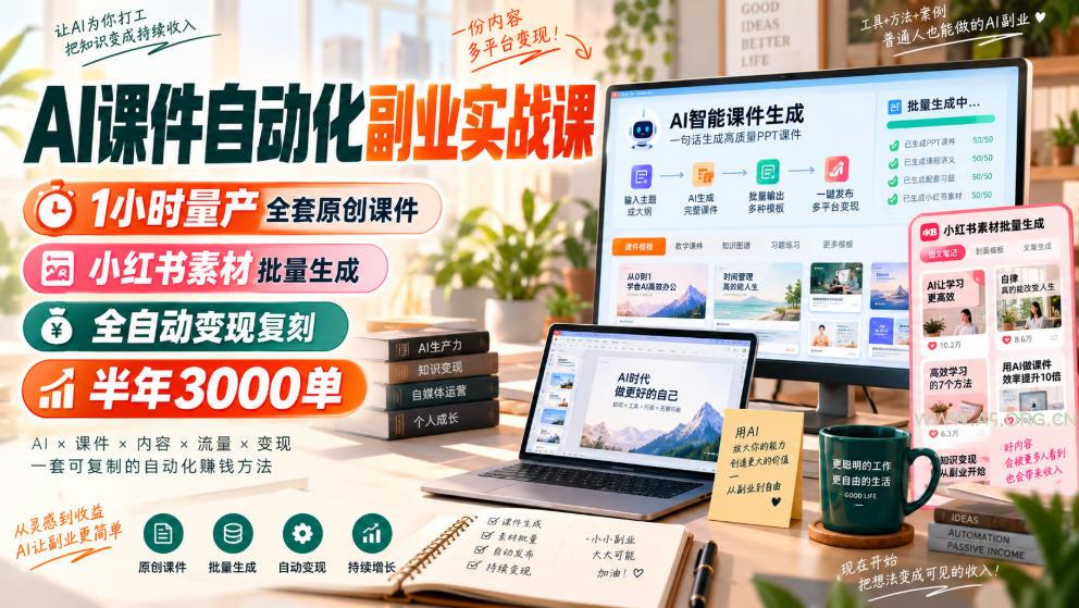 AI课件自动化副业实战课,1小时量产全套原创课件,小红书素材批量生成,全自动变现复刻,半年3000单-小红泡