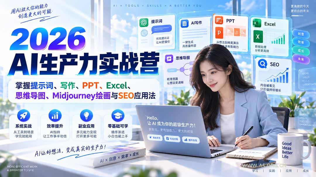 2026AI生产力实战营:掌握提示词、写作、PPT、Excel、思维导图、Midjourney绘画与SEO应用法-小红泡