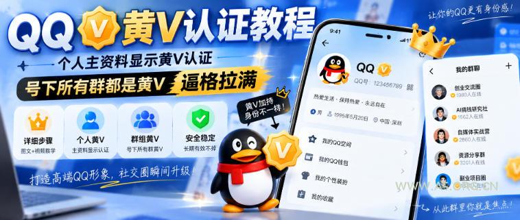 QQ黄V认证教程,个人主资料显示黄V认证,号下所有群都是黄V,逼格拉满-小红泡