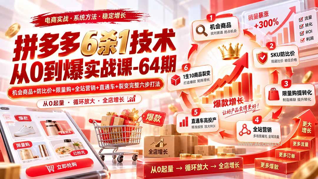 拼多多6杀1技术从0到爆实战课-64期:机会商品+防比价+限量购+全站营销+直通车+裂变完整六步打法-小红泡