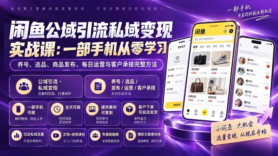 闲鱼公域引流私域变现实战课:一部手机从零学习养号、选品、商品发布、每日运营与客户承接完整方法-小红泡