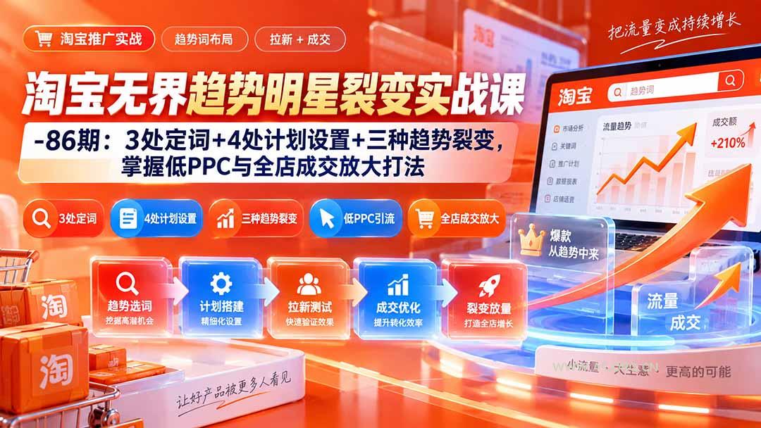 淘宝无界趋势明星裂变实战课-86期:3处定词+4处计划设置+三种趋势裂变,掌握低PPC与全店成交放大打法-小红泡