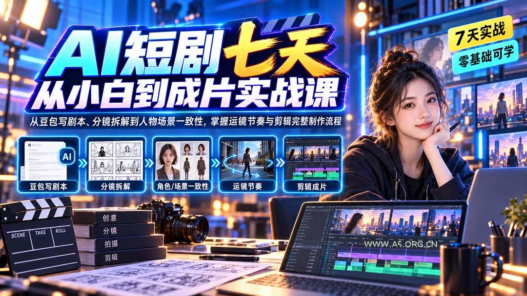 AI短剧七天从小白到成片实战课:从豆包写剧本、分镜拆解到人物场景一致性,掌握运镜节奏与剪辑完整制作流程-小红泡