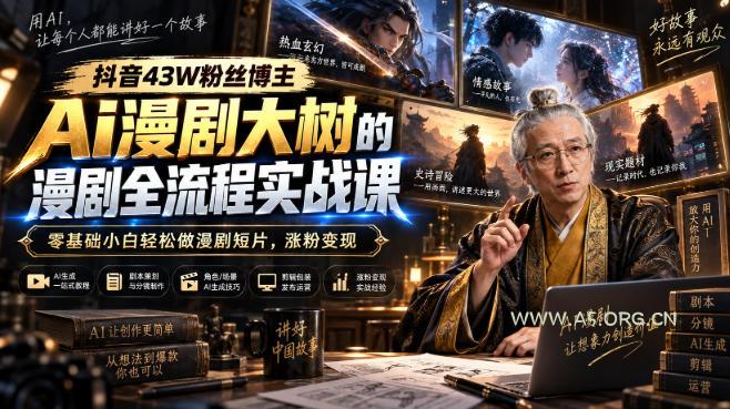抖音43W粉丝博主Ai漫剧大树的漫剧制作全流程实战课,零基础小白轻松做漫剧短片,涨粉变现-小红泡
