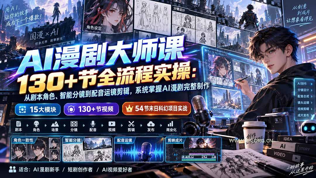AI漫剧大师课130+节全流程实操:从剧本角色、智能分镜到配音运镜剪辑,系统掌握AI漫剧完整制作-小红泡
