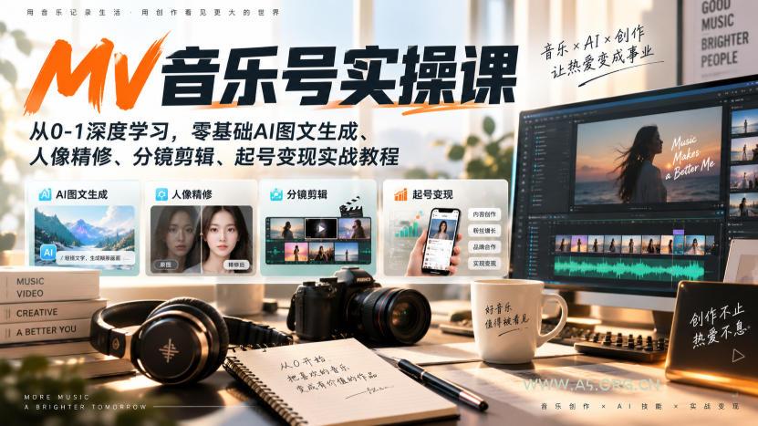 AI MV音乐号实操课，从0-1深度学习，零基础AI图文生成、人像精修、分镜剪辑、起号变现实战教程-小红泡
