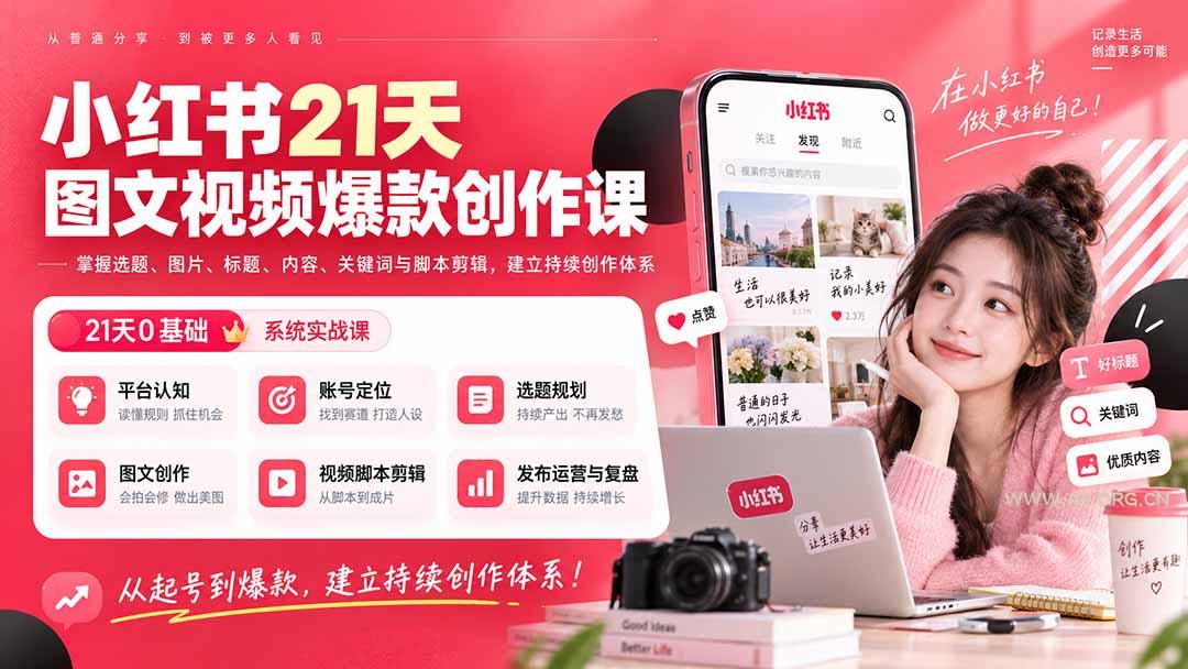 小红书21天图文视频爆款创作课:掌握选题、图片、标题、内容、关键词与脚本剪辑,建立持续创作体系-小红泡