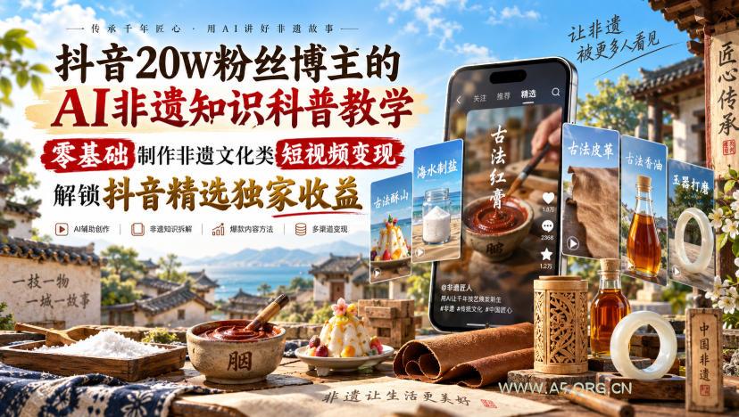 抖音20W粉丝博主的AI非遗知识科普教学,零基础制作非遗文化类短视频变现,解锁抖音精选独家收益-小红泡