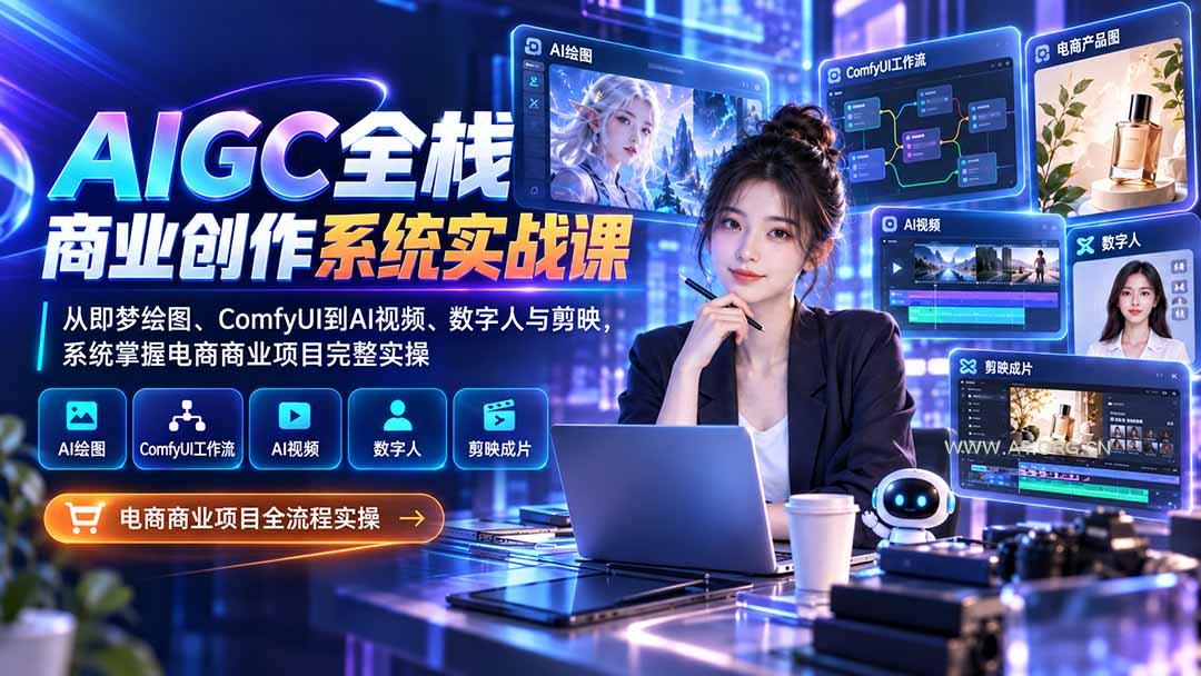 AIGC全栈商业创作系统实战课:从即梦绘图、ComfyUI到AI视频、数字人与剪映,系统掌握电商商业项目完整实操-小红泡