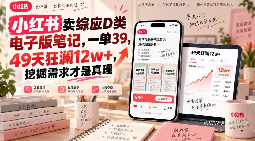 小红书卖综应D类电子版笔记,一单39,49天狂澜12w+,挖掘需求才是真理-小红泡