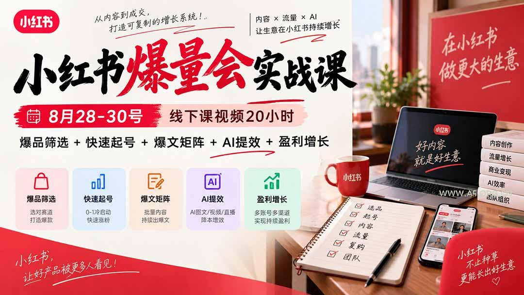 小红书爆量会实战课:8月28-30号线下课视频20小时,爆品筛选+快速起号+爆文矩阵+AI提效+盈利增长-小红泡